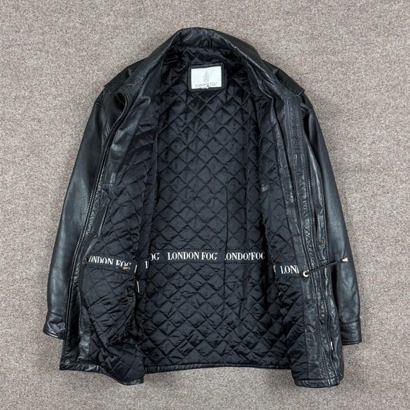 London Fog Black Genuine Leather Full Zip Heavyweight Jacket Men’s M Quilt Lined - Picture 3 of 11
